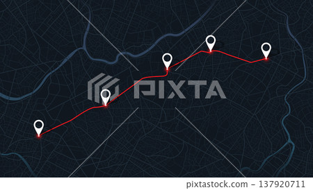 Digital tracking map with red navigation path connecting sequential checkpoints. Vector illustration. Digital tracking map with red navigation path connecting sequential checkpoints. Vector illustration. 137920711