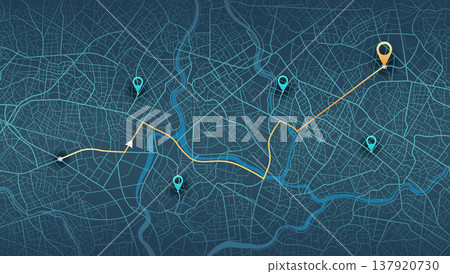 Abstract transportation background with POI. Transportation-related designs, promotional materials. Establishments, gas stations, parks, restaurants. Streets, blocks, route for movement on the streets Abstract transportation background with POI. Transportation-related designs, promotional materials. Establishments, gas stations, parks, restaurants. Streets, blocks, route for movement on the streets 137920730