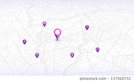 Perspective city map with purple service icons and location pins. Vector illustration. 137920732
