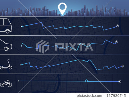 Abstract background cityscape. Traveling by various means of transport, car, bicycle, public transport, scooter. Intended goals. Navigation for obtaining data on distance, path. Vector, illustration 137920745