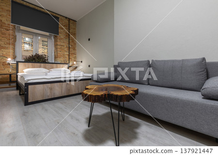 Modern Industrial Studio Apartment with Live Edge Coffee Table and Grey Sofa Modern Industrial Studio Apartment with Live Edge Coffee Table and Grey Sofa 137921447