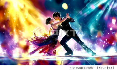 一對熱情洋溢的舞者在冰上翩翩起舞，光芒四射，色彩斑斕。 137921531