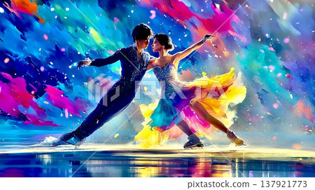 A dreamlike pair dance unfolds on the ice, with colors soaring into the air. A dreamlike pair dance unfolds on the ice, with colors soaring into the air. 137921773