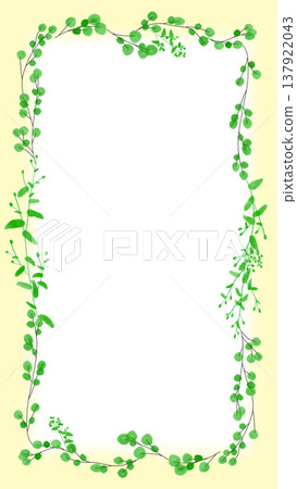 A tall, lush green botanical frame with a natural plant design on a yellow background. A tall, lush green botanical frame with a natural plant design on a yellow background. 137922043