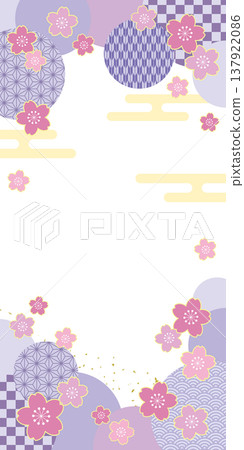 Japanese-style vertical banner frame with Japanese pattern circle and cherry blossoms / purple Japanese-style vertical banner frame with Japanese pattern circle and cherry blossoms / purple 137922086