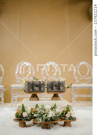 Elegant Wedding Hantaran Display with Wooden Dowry Chests and Floral Arrangements 137922214