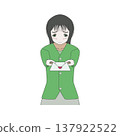 A young woman confesses her feelings, handing over a love letter with an embarrassed expression. Romance. Courage. 137922522