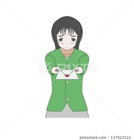 A young woman confesses her feelings, handing over a love letter with an embarrassed expression. Romance. Courage. A young woman confesses her feelings, handing over a love letter with an embarrassed expression. Romance. Courage. 137922522