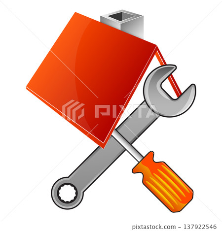 House roof and wrench with screwdriver, roof repair symbol 137922546