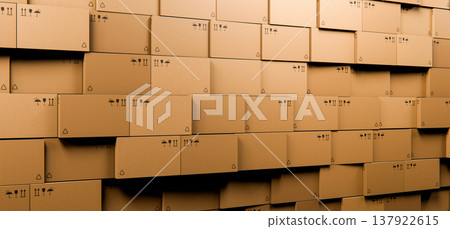 Stacked Cardboard Boxes Wall 3D Render Logistics Warehouse, Concept Background 137922615