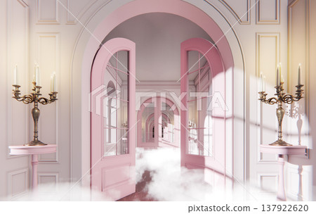 Surreal Dream Pink Baroque Hall with Clouds Heaven Fantasy Portal, 3D Render 137922620