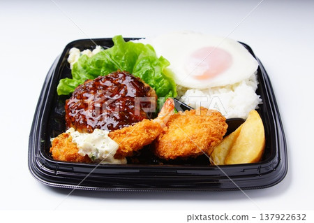 Hamburger steak and fried shrimp bento Hamburger steak and fried shrimp bento 137922632