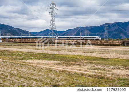 The Thunderbird express train runs through the rural area of Makino Town, Takashima City, Shiga Prefecture. The Thunderbird express train runs through the rural area of Makino Town, Takashima City, Shiga Prefecture. 137923095