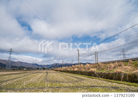 雷鳥特快列車穿過滋賀縣長濱市牧野町的鄉村地區。 137923100