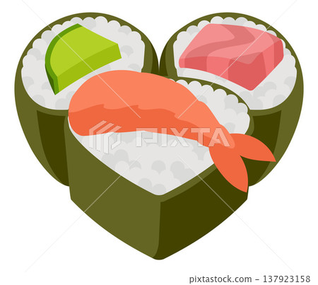 Love of Sushi Heart Shaped Japanese Food Concept Love of Sushi Heart Shaped Japanese Food Concept 137923158