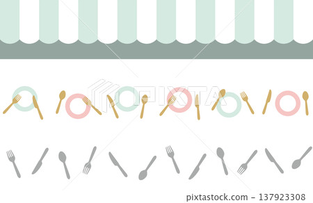咖啡廳和餐廳的無縫裝飾邊框套裝：餐具和遮陽篷邊框（向量圖） 137923308