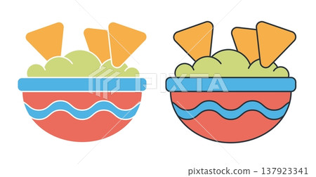 Linear icon. Bowl of Mexican guacamole with crispy triangular corn chips for an appetizer. Simple colored vector symbol isolated on white background 137923341