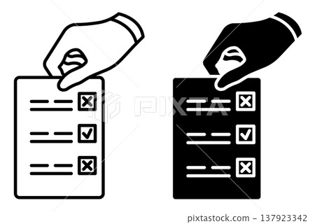 Linear icon. Hand selectively holds a voting sheet with a mark in the desired item. Simple black and white vector symbol isolated on white background Linear icon. Hand selectively holds a voting sheet with a mark in the desired item. Simple black and white vector symbol isolated on white background 137923342