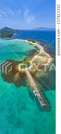 Drone aerial footage of Mizushima, an uninhabited island in Tsuruga City, Fukui Prefecture, often referred to as the "Hawaii of Hokuriku." Ideal for tourism promotion and showcasing scenic spots. 137923352