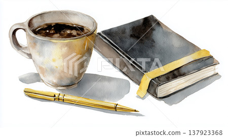 一套極簡主義水彩畫套裝，包括咖啡、筆記本和鋼筆。 137923368