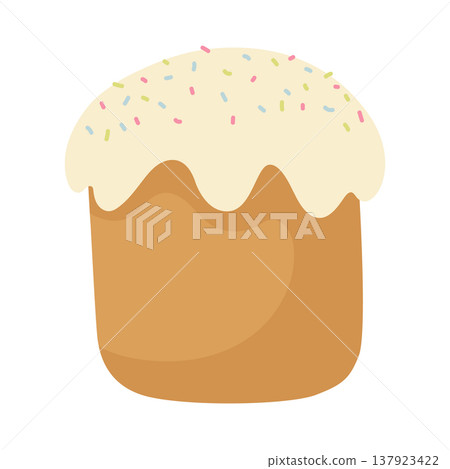 Traditional Easter cake vector illustration with white sugar glaze and colorful sprinkles festive pastry isolated on light background spring holiday bakery dessert for greeting cards and stickers 137923422