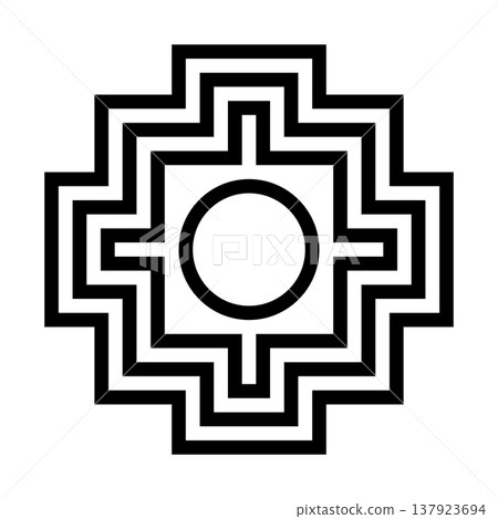 Stepped chakana, also known as Andean cross, used by the Inca. Symbol indicating four cardinal points and a superimposed square. The hole in the center represents Cusco, the navel of the world. Vector 137923694
