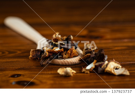 dried forest mushrooms on wooden spoon rustic background dried forest mushrooms on wooden spoon rustic background 137923737