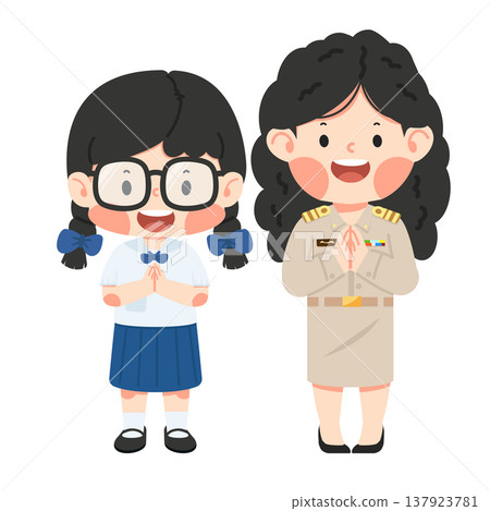 Girl Student and Woman Teacher Thai Wai Greeting Girl Student and Woman Teacher Thai Wai Greeting 137923781