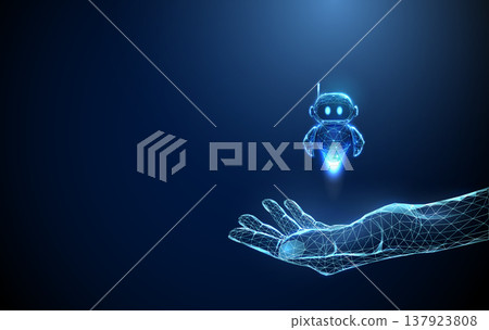 3d blue flying robot hovering above an open palm. AI assistant interaction, smart agent support, personalized digital companion virtual helper deployment concept. 3d blue flying robot hovering above an open palm. AI assistant interaction, smart agent support, personalized digital companion virtual helper deployment concept. 137923808