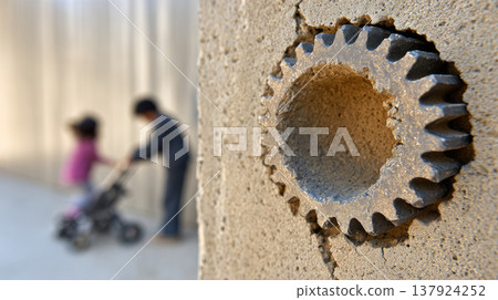 Inclusive playground sensory wall close up gear embedded in concrete with children playing in background creating joyful and interactive environment 137924252