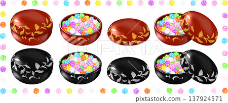 一個紅黑相間的漆器糖果盒，內裝金平糖，飾以優雅的金箔和銀箔圖案。 137924571