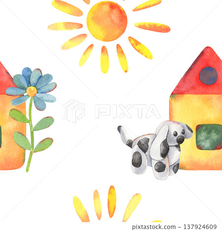 Hand-painted watercolor seamless pattern, children drawing sun, house, clay dog, flower isolated on white. Perfect for printing, design, kids products, nursery decor, textiles, stationery, branding Hand-painted watercolor seamless pattern, children drawing sun, house, clay dog, flower isolated on white. Perfect for printing, design, kids products, nursery decor, textiles, stationery, branding 137924609