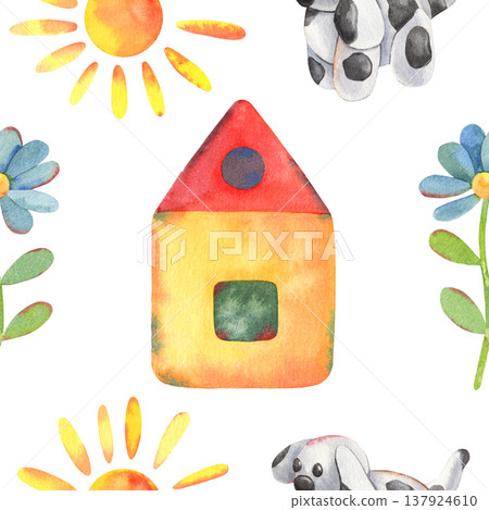 Hand-painted watercolor seamless pattern, children drawing sun, house, clay dog, flower isolated on white. Perfect for printing, design, kids products, nursery decor, textiles, stationery, branding Hand-painted watercolor seamless pattern, children drawing sun, house, clay dog, flower isolated on white. Perfect for printing, design, kids products, nursery decor, textiles, stationery, branding 137924610