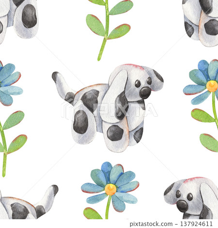 Hand-painted watercolor pattern with delicate flat blue flowers and clay dogs isolated on white background. Ideal for textiles, stationery, branding, packaging, printing, digital use, design, decor Hand-painted watercolor pattern with delicate flat blue flowers and clay dogs isolated on white background. Ideal for textiles, stationery, branding, packaging, printing, digital use, design, decor 137924611