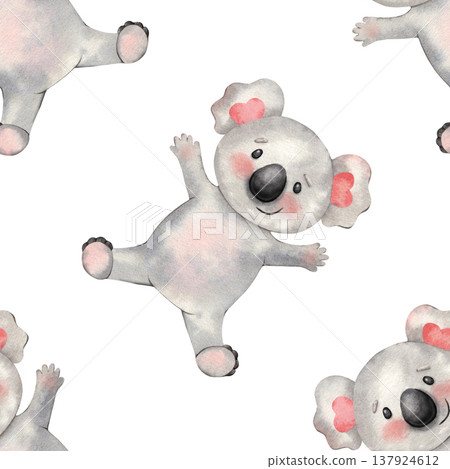 Hand-painted watercolor seamless pattern with funny koala with open arms on white background. Cute, playful design perfect for kids products, nursery decor, textiles, packaging, stationery, branding Hand-painted watercolor seamless pattern with funny koala with open arms on white background. Cute, playful design perfect for kids products, nursery decor, textiles, packaging, stationery, branding 137924612