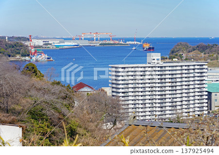A close-up view of Nagaura Bay from the restored "Ruins in the Sky" at Tsukimidai Housing Complex in Yokosuka. 137925494