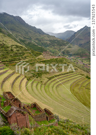 Ancient Inca terraces and ruins at Pisac in the Sacred Valley, Peru 137925543