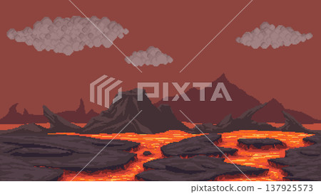 Pixel art lava rocky landscape background 137925573