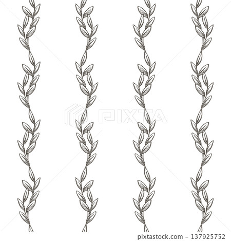Vertical floral stripe seamless pattern with leaf and twig black and white background. Hand drawn vector design in vintage sketch style. Outline print ideal for wallpaper or holiday fabric and paper. Vertical floral stripe seamless pattern with leaf and twig black and white background. Hand drawn vector design in vintage sketch style. Outline print ideal for wallpaper or holiday fabric and paper. 137925752