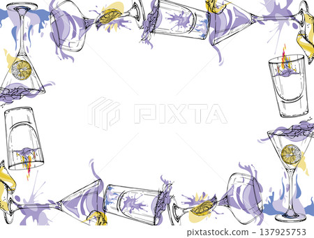 Bright vector frame of vodka, martini, gin tonic shots, lemon juice cocktails with cool lavender fire flare. Hand drawn ink outlines for summer branding, label edges, printed decor and recipe cards. Bright vector frame of vodka, martini, gin tonic shots, lemon juice cocktails with cool lavender fire flare. Hand drawn ink outlines for summer branding, label edges, printed decor and recipe cards. 137925753