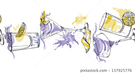 Sleek banner of vodka, Aviation, Lemon drop cocktails, sambuca shots and citrus silhouettes. Liquid fire and splatter. Hand drawn seamless vector for bar promotions, digital decor, wrapping accents. Sleek banner of vodka, Aviation, Lemon drop cocktails, sambuca shots and citrus silhouettes. Liquid fire and splatter. Hand drawn seamless vector for bar promotions, digital decor, wrapping accents. 137925776
