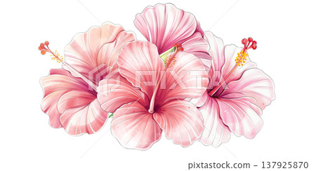 Hibiscus floral composition watercolor tropical blossom bouquet, arrangement 137925870