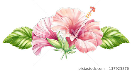 Tropical hibiscus floral arrangement, watercolor border ornament Tropical hibiscus floral arrangement, watercolor border ornament 137925876