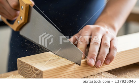 Cutting Wooden Board with Hand Saw Cutting Wooden Board with Hand Saw 137926040
