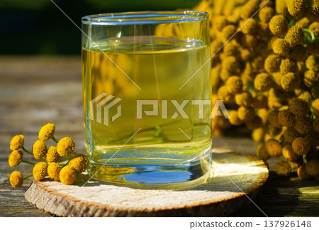 On a wooden tray rests a cup of golden tansy tea a herbal remedy with pronounced choleretic and spasm-soothing effects. On a wooden tray rests a cup of golden tansy tea a herbal remedy with pronounced choleretic and spasm-soothing effects. 137926148