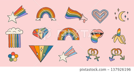 Hand-drawn retro Pride icon set with rainbow gradients and inclusive LGBTQ symbols. Vibrant nostalgic doodle set with gender symbols, rainbows, groovy 70s aesthetics. Isolated vector illustration. Hand-drawn retro Pride icon set with rainbow gradients and inclusive LGBTQ symbols. Vibrant nostalgic doodle set with gender symbols, rainbows, groovy 70s aesthetics. Isolated vector illustration. 137926196
