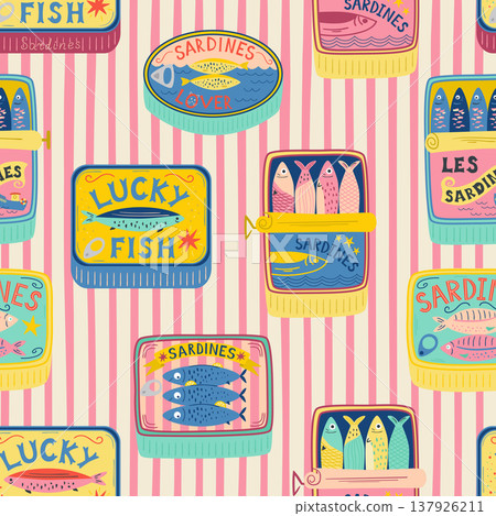 Sardines tin seamless pattern. Vector fish cans on the repeat striped background, seafood packaging design. Sardines tin seamless pattern. Vector fish cans on the repeat striped background, seafood packaging design. 137926211