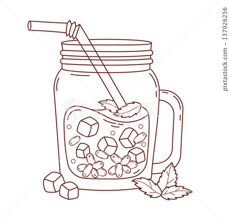 Sea Buckthorn Lemonade Spritzer in Mason Jar with Straw. Outline Refreshing Summer Drink with Ice Cubes, Mint Leaves and Berries. Line drawing, coloring page. Vector Illustration Healthy Smoothie. 137926256