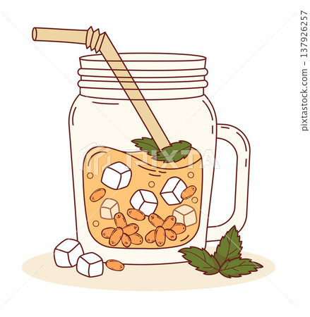 Sea Buckthorn Cocktail Drink with Ice Cubes, Orange Berries in clear mason jar. Summer Refreshing Cocktail with straw and Mint. Vector Illustration Lemonade Healthy Seasonal Smoothie Spritzer. Sea Buckthorn Cocktail Drink with Ice Cubes, Orange Berries in clear mason jar. Summer Refreshing Cocktail with straw and Mint. Vector Illustration Lemonade Healthy Seasonal Smoothie Spritzer. 137926257