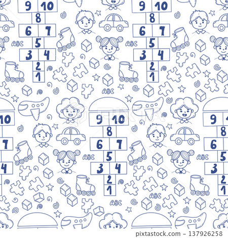 Cute Childhood Playing Seamless Doodle Pattern. Blue Line Art Hopscotch Games, Children Faces, Cars, Planes, and Roller Skates on White Background. Vector Illustration. Baby Nursery Hand Drawn 137926258